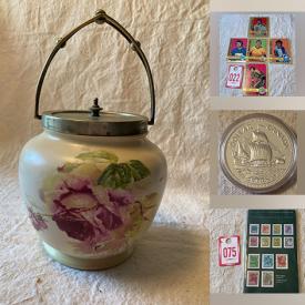 MaxSold Auction: This online auction features art pottery, Royal Doulton dish, vintage calendars, sports trading cards, banknotes, coins, depression glass, vintage cookie jar, vintage Wade Whimsies, vintage postcards, stamps, jewellery, art glass, cranberry glass, and much, much, more!!!