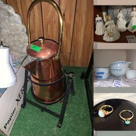 MaxSold Auction: This online auction includes Clare, Coalport, Royal Ware and other china, Dansk bakeware, Pyrex, kitchenware, silverplate, wall art, wool runner rugs, planter pots, copper kettle, Cherished Teddies, Royal Doulton figures, Swarovski, accessories, baskets, costume jewelry, mink coats, bakeware and much more!