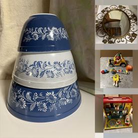 MaxSold Auction: This online auction includes Avon dollhouse miniatures, vintage Pyrex, vintage Corning ware, oak kitchen table with chairs, ladderback chairs, MCM table, home decor, vintage lamps, kitchenware, vintage Fisher Price, wall art, camping gear, Scouts memorabilia, tools, CCM bicycle, and much more!