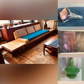 MaxSold Auction: This online auction features platform sofa, vintage gold rings, vintage sterling rings, perfume bottles, jadeite, vintage brooches, watches, and much, much, more!!