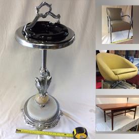 MaxSold Auction: This online auction features vintage tins, vintage floor ashtrays, Bottega box set, vintage keys, patio chair, vintage bucket chair, fireplace mantle, travelling trunks, metal display items, oil lamps, stoneware crock, glass globes, and much, much, more!!