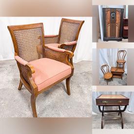 MaxSold Auction: This online auction includes floor lamps, wall sconces, table lamps, glass lampshades, ceiling lights, vintage jukebox, wall art, furniture such as vintage armchairs, vintage cabinet, accent tables, nesting tables, hallway table, chest, walnut MCM cabinet and more!