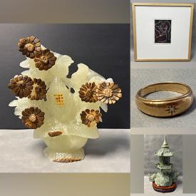 MaxSold Auction: This online auction includes framed etchings, embroidered pieces, prints and other wall art, vintage clock, wood boxes, jewelry, sterling silver bookmark, Limoges, Maling and other china, porcelain decor, Chinese hand painted eggs, Tibetan ritual staff, blown art glass, Buddha figures, Jade pagoda figure and more!