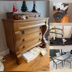 MaxSold Auction: This online auction includes furniture such as a jam cupboard, patio table set, dresser, chairs, writing table, bookcases, Campio Furniture couch, sleigh bed, armchair, dining table set and others, lamps, Swarovski crystal, Royal Doulton and other figurines, blanket boxes, linens, fireplace heater, seasonal decor, power tools, yard tools, cleaning supplies, kitchenware, KitchenAid mixer and other small kitchen appliances, toys, camping supplies, sports equipment, Weber BBQ grill, outdoor umbrella, Precor treadmill and much more!