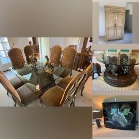 MaxSold Auction: This online auction includes furniture such as an elephant coffee table, couch, chairs, dining table sets, tables, armoire, bed frame and others, wall art, electronics, decor, light fixtures, linens, small kitchen appliances, kitchenware, cleaning supplies, outdoor tools and more!