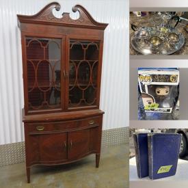 MaxSold Auction: This online auction includes furniture such as a tea wagon, Sheraton display cabinet, desk, highboy and others, antique silverplate, kitchenware, small kitchen appliances, clothing, shoes, accessories, Funko Pops and other toys, books, board games, art supplies, metal detector, pottery, lamps, tools, camera and accessories, DVDs, wall art, electronics, decor, storage box and many more!