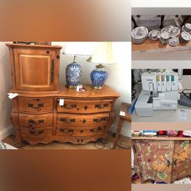 MaxSold Auction: This online auction includes furniture such as a teak dining table, dressers, Klaussner Home Furnishings sofa, butcher block table, Adirondack chairs, occasional chair, painted Bombay cabinet, bar stools, queen bedframe, side tables and others, lamps, rugs, Husqvarna, Bernina and other sewing machines, fabrics, quilting supplies, arts and craft supplies, office supplies, electronics, linens, jewelry, accessories, books, artworks, wheelchair, kitchenware, small kitchen appliances, Noritake and other china, cleaning supplies, figurines, Tyco model trains, tools, hardware and many more!