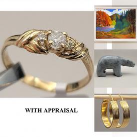 MaxSold Auction: This online auction includes a George Howell, Trisha Romance, Vladimir Horik and other artworks, sterling silver, gold and other jewelry, Asian cutlery, picture lights, Satsuma vase, coins, stone carving and more!
