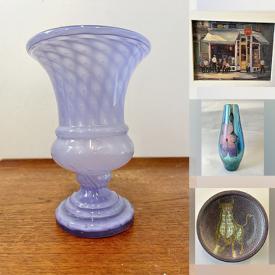 MaxSold Auction: This online auction features art glass, uranium glass, blimp cocktail shaker, antique stained glass lamp, antique pewter jug, Jake Vandenbrink oil painting, art pottery, vintage Navajo sand art, vintage Pyrex, Vaseline glass, vintage book, BMP, Belleek pieces, Lustre Ware S& P, vinyl records, antique Shelley Crested china, and much, much, more!!