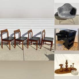 MaxSold Auction: This online auction includes furniture such as an Eames shell chair, Mid Century chairs, Danish teak chair, tile table, ottoman, MCM dining table set, tulip chairs, console table and others, lamps, ceramic insulators, sunburst metal clock, wire sculptures, artworks, camping accessories, garden decor, seasonal decor, Atari Flashback, Marantz receiver and other electronics, DVDs, jewelry, accessories, vintage clothing, religious items, vintage decor, plant stands, 1970s cat dome, Henredon mirror, Kilim pillows, birdcage stand, pottery, card decks, board games, art glass, Kokeshi dolls, vintage clocks, vinyl records, capiz lampshade and many more!