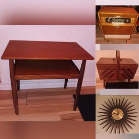 MaxSold Auction: This online auction includes furniture such as an MCM teak side table, nightstands and others, Midcentury lamp, Ouija board, Syroco starburst clock, pottery, decor, MCM tea set, mirror and more!