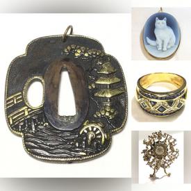 MaxSold Auction: This online auction features gold & gemstone jewelry, Tom Otterness earrings, pocket watch, sterling jewelry, vintage cameos, antique jewelry, men’s jewelry, Art Deco jewelry, vintage turquoise jewelry, antique Chinese beads, coins, vintage mesh purses, antique buttons, and much, much, more!!