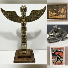 MaxSold Auction: This online auction features Art Deco sculpture, vintage Pyrex, Tirol wood carving, comics, soapstone carvings, vintage souvenir spoons, video game systems, vintage bronze totem pole, first-day covers, Royal stamps, estate jewelry, wood carving tools, oil paintings, vintage books, and much, much, more!!!