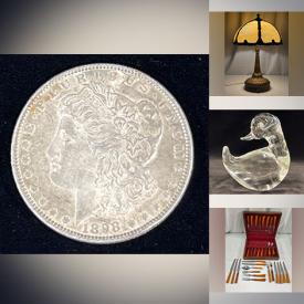 MaxSold Auction: This auction includes Duck Decoy,  Silver Coins, Perfume, Marble Rolling Pin, Autographed Books, Lapel Pins,  German Waffle Cookie Maker, Blown Glass,  Panama Hat , Carved Wood Indigenous Figures, Slag Glass Lamp, Framed Photos, Vintage Snapshots, Printer Letters, Glass Jars, MCM Faux Fruit, MCM Nesting Chairs and much more!