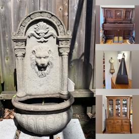 MaxSold Auction: This online auction includes furniture such as a Vilas china cabinet, sideboard, shelving units, chairs, tables, carts, cabinets, nightstands, wardrobe, headboard, sewing machine in table, sewing cabinets and others, yard tools, garden decor, vintage sled, kitchenware, small kitchen appliances, wall art, BeDazzler, figurines, electronics, clocks, air conditioner, Murano glass, mirrors, tools, hardware, Slimline treadmill, exercise equipment, jewelry, metronome and much more!