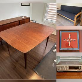 MaxSold Auction: This online auction includes furniture such as a teak patio table, chairs, MCM sofa, MCM teak dining tables and others, canvas bag, jewelry, clothing, accessories, sculptures, globe, folk art mirror, electronics and more!