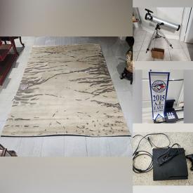 MaxSold Auction: This online auction includes furniture such as a work table, glass table, leather chair, entertainment unit, pantry cabinet, console table, shelving units and others, sports cards, rugs, Funko Pop figures, office supplies, Carerra bicycle, DVDs, magazines, comics, shoes, clothing, accessories, Coca Cola memorabilia, electronics, wall art, kitchenware, decor, racing wheel clock, engineered hardwood, golf clubs, Blue Jays memorabilia, car posters, Playstation 3, cash drawer, telescope, tools and many more!