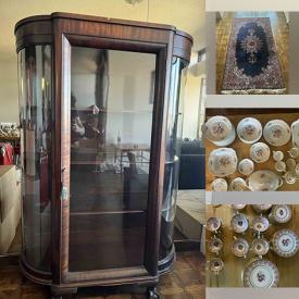 MaxSold Auction: This online auction features dining room furniture, marble side tables, chaise, area rugs, table lamps, TV, paintings, chandeliers, cameras, art glass, porcelain figurines, decanters, serving trays, tea sets, and much, much, more!!