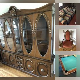 MaxSold Auction: This online auction includes lamps, stereo, LG TV, punching bag, crystalware, furniture such as tables, chairs, credenza, pool table, bureau, queen bedframe, sofa, lounge chair, bookcase, couch, breakfront and more!