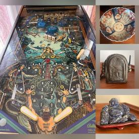 MaxSold Auction: This online auction features pinball machine, modernist sculpture, folding bike, Chinese wooden tablet, Satsuma, Chinese vases, Cloisonne vase, antique stone Buddha head, Chinese Foodog, Chinese scrolls, roped pottery tray, Edison cylinder rolls, African figures, arcade cocktail table, and much, much, more!!!