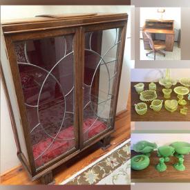 MaxSold Auction: This online auction includes Fenton glass, Depression glass, silver plate, furniture such as art deco glass cabinet, art deco buffet, vintage roll top desk, Rockingham dining room set, dressers and trundle day bed, pottery dishware, framed artwork, home decor, lamps, 32” Sony TV, and much more!