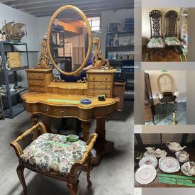 MaxSold Auction: This online auction includes furniture such as 3 seater sofa, side tables, dining table with chairs, antique china cabinet, antique dressing table, and wood buffet, kitchenware, serveware, glassware, home decor, linens, framed artwork, audio gear, vinyl LPs, clothing, and much more!