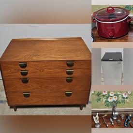 MaxSold Auction: This online auction features mini fridge, drafting table, vintage chairs, small kitchen appliances, power & hand tools, sports equipment, desk, vintage chest, wine cooler, secretary desks, TVs, art pottery, printer, office supplies, and much, much, more!!