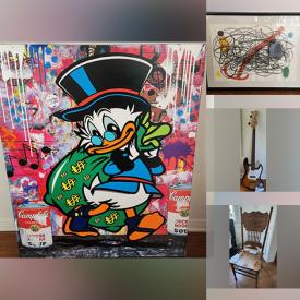 MaxSold Auction: This online auction includes original art with COA, professional microphones, Fender Squier bass, Fender amp, furniture such as sectional sofa, wooden chairs, chaise lounges, and MCM chair, potted plants, office supplies, fabric, and much more!