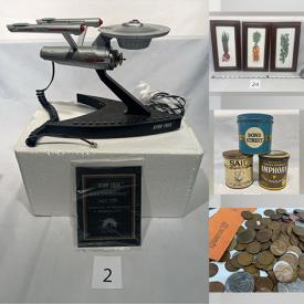 MaxSold Auction: This online auction includes a Star Trek touch tone phone,vintage China Boy remote sailboat, Akai turntable and other electronics, artworks, vintage hotel ashtrays, vintage glass rolling pins, 1960s Skat-Skoota, board games, jewelry, accessories, vintage lamps, drafting equipment, vintage slide projector, brassware, clocks, kitchenware, small kitchen appliances, pottery tools, camping tools, soldering iron and other power tools, hand tools, trailer hitch, Taymor door closer, cash lock box, antique milk bottles, coin sorter, vintage ephemera, fishing supplies, Filter Queen vacuum, glass cutter, crock board and many more!