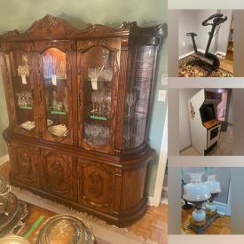 MaxSold Auction: This online auction includes furniture such as china cabinets, bench, dressers, dining chairs, dining table, chest, desk, storage cabinets, coffee table, patio set, bar rack, loveseat and others, lamps, frames, artworks, Capodimonte, resin figures, mirrors, cleaning tools and supplies, rugs, linens, kitchenware, small kitchen appliances, crystalware, silverplate, Healthware stationary bike, Cubii elliptical and other exercise equipment, shoes, accessories, cash register, demijohns, pottery, Rolling Thunder arcade cabinet and many more!