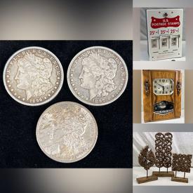 MaxSold Auction: This online auction includes Morgan silver dollars and other coins, jewelry, accessories, Bushnell spotting scope, drones, vintage  US postage stamp vending machine, books, Thomas Kinkade and other artworks, Kitchenaid mixer, Westminster wall clock, lamps, Raggedy Ann doll, barware, silverware, Samsung subwoofer, hats, pottery and much more!