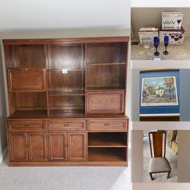 MaxSold Auction: This online auction includes office supplies, serveware, crystal ware, framed wall art, furniture such as wooden dining table, dining room chairs, love seat, dresser, and wooden cabinet, kitchenware, home decor, books, DVDs, hand tools, electronics and more!