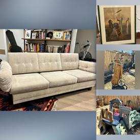 MaxSold Auction: This online auction includes a bed frame, MCM chair, MCM loveseat, 3 seater sofa, chairs, desk, dining table and other furniture, toys, lamps, books, Moroccan pouf, glass tiles, planter, wine glasses, wood, vintage golf clubs, artworks, seasonal decor, tiles and more!