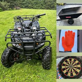 MaxSold Auction: This online auction includes ATV type kids vehicle, new lighting, Harmon Kardon receiver, tall wood chairs, office supplies, new tools, lawn care, home electronics, projection screen, Cat 5 cables, pool robot, holiday decor, new Glacier Bay faucet, and more!