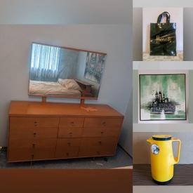MaxSold Auction: This online auction includes furniture such as a vintage upholstered chair, Mid Century dresser, folding table, bed frames, chairs, wood desk and others, sewing supplies, sewing patterns, wall art, Mid Century decanter, decor, clothing, accessories, shoes, linens and more!