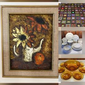 MaxSold Auction: This online auction features abstract painting, art glass, MCM blown glass lamps, Royal Haegar vase, vintage brass miniatures, art pottery, decanter sets, vintage tools, BMP bowl, bongo drums, and much, much, more!!!