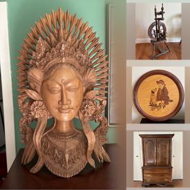 MaxSold Auction: This online auction includes Hand carved Balinese scuplture, Antique wooden spinning wheel, Nespresso coffee maker, MCM fondue pot, \nBushnell binoculars, Mahogany Filing Cabinet, Brass fireplace tools, Sole E55 Elliptical Exercise Machine, and much much more!!