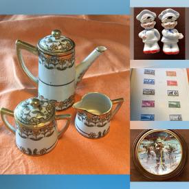 MaxSold Auction: This online auction includes Nippon cocoa set, books, stamps, picture frames, pottery, luggage, vintage books, silverplate, bags, jewelry, Franklin Mint bird plates, lamps, Depression glass, linens and more!