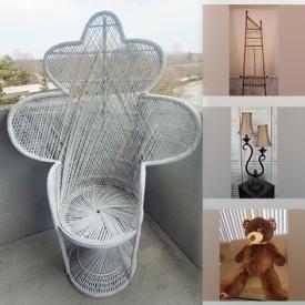 MaxSold Auction: This online auction features peacock chairs, wicker furniture, metal artwork, mirrors, table lamps, gaming chair, stained glass hangings, snow blower, art glass, watch, jewelry, and much, much, more!!