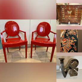 MaxSold Auction: This online auction features Richard Judson Zolan original painting, antique raised chest, antique mirror, Asian carpet, stained glass panels, art pottery, antique jade holder, vintage lucite lamp, carved mask, vintage cloisonne pendant,  and much, much, much, more!!!