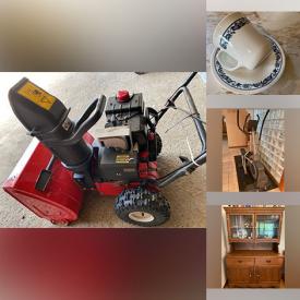 MaxSold Auction: This online auction includes furniture such as a storage bench, night table, corner hutch, rocking chair, display case, pine desk, Vogel sofa, dressers, buffet cabinet, dining table set, armchair, sofa and others, Tunturi elliptical, Legos, Corelle dishware, glassware, figurines, wall art, Yard Machines snowblower, wheelbarrow, ladder and more!