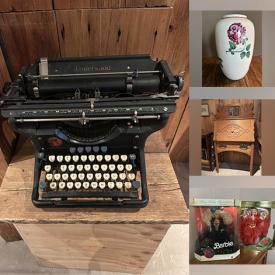 MaxSold Auction: This online auction features antique typewriter, metal headboard, antique secretary desk, quilt, NIB vintage collectible Barbies, Willow Tree figurine, games, golf clubs, garden urn, and much, much, more!!!