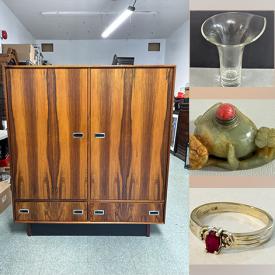 MaxSold Auction: This online auction includes a Rosewood wardrobe dresser, small kitchen appliances, MCM art glass, Aynsley and other china, vintage Hummel and other figurines, trinket boxes, brassware, lamps, snuff bottles, jewelry and more!