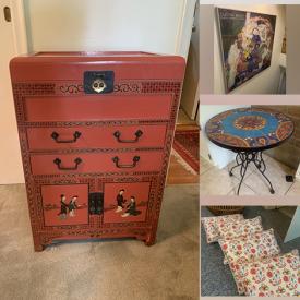 MaxSold Auction: This online auction includes furniture such as a chest of drawers, chairs, wicker divider, lounger and others, small kitchen appliances, kitchenware, decor, wall art, electric radiator, clothing, accessories, slide projector, cleaning tools and more!