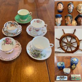 MaxSold Auction: This online auction includes Royal themed newspapers, posters, commemorative mugs, china and other memorabilia, wooden ship’s wheel, silver plated items, mirror, fiction books, tools, hardware, artworks, platform cart, pub towels, Toby character jugs, mini musical violin, glass birds, Bosson heads, china, glassware, horse brass, vintage copper jugs,  furniture such as a Bombay Co table, chairs, lounger and many more!