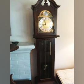 MaxSold Auction: This auction features West German Tempur Fugit grandfather clock., Japanese Zabuton Table, Mid century Art Deco waterfall vanity with beveled mirror, Goebel figurines, Helikon Buffet, Ceramic elephant plant stand, and much more!