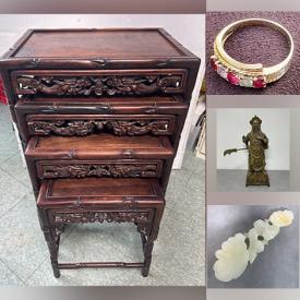 MaxSold Auction: This online auction includes carved Ruyi scepter, lacquer box, jewelry, Satsuma and other vases, Chinese porcelain tea set, MCM Hycroft cup and saucer set, crystalware, Royal Copenhagen and other figures, glassware, Mahjong game, snuff bottle, rosewood tables and more!