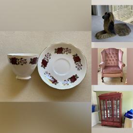 MaxSold Auction: This online auction includes furniture such as a rocking chair, tray tables, shelving unit, kitchen chairs, tufted armchair and others, dog figurines, basket decor, figural teapots, kitchenware, Royal Doulton and other china, decorative plates, linens, wall decor, wood wall shelf, books, pillows, luggage, rugs, clothing and much more!