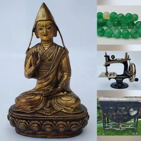 MaxSold Auction: This online Chinese porcelain Buddha, snake figure, carvings, Tibetan traveling altar, vases, Norco bike, miniature sewing machines, tools, hardware, banknotes, stamps, wall art, pins, Chinese porcelain, decorative plates, jewelry, tools, Chinese medals, African bust and other carved figures, frames, Chinese lacquered table and much more!