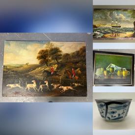 MaxSold Auction: This online auction includes paintings and other wall art, rugs, jewelry, accessories, wooden horse art, wooden mask and other carvings, chandelier, vintage camera, binoculars, art glass, Chinese bowl, china and more!